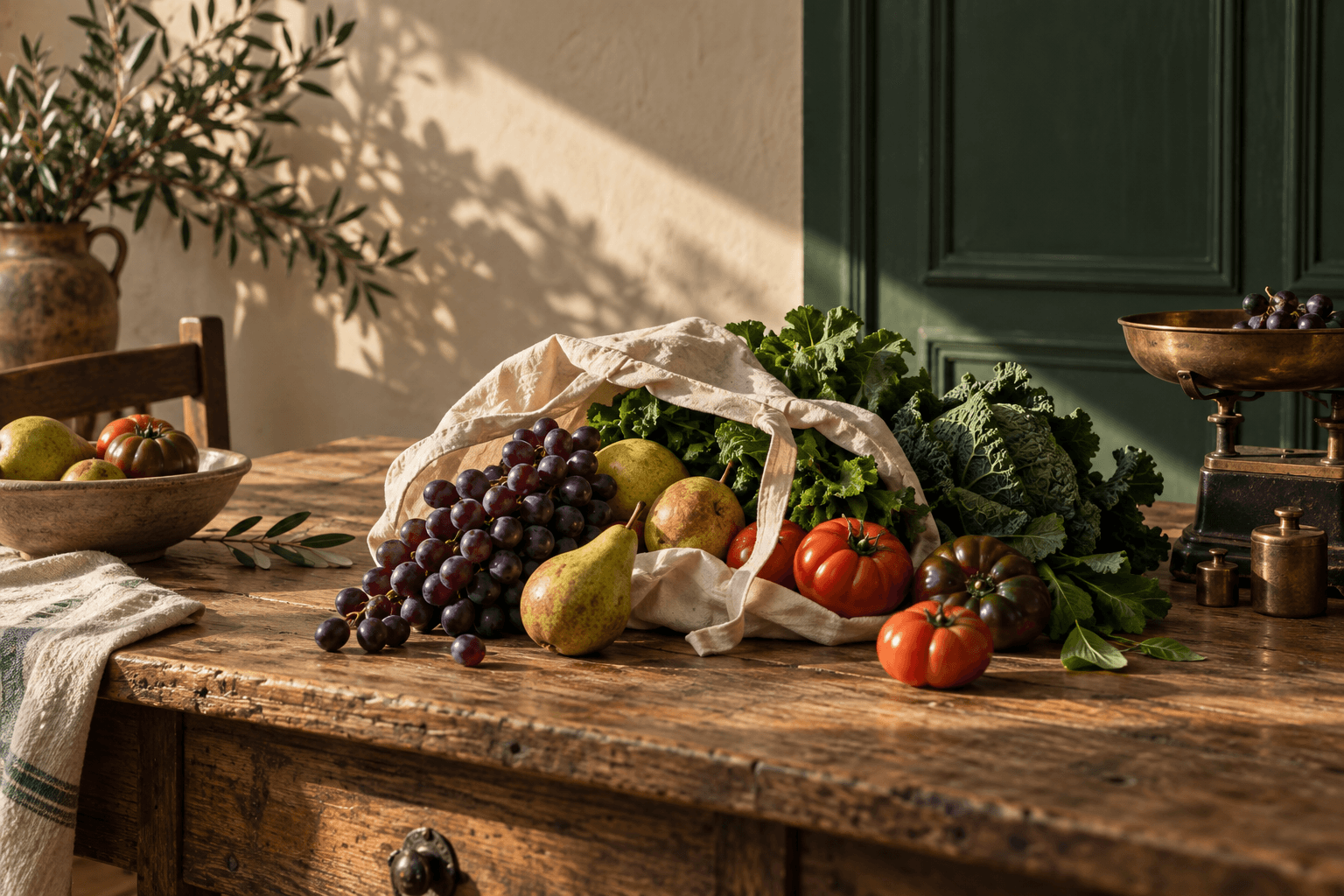 Scena illustrativa di una spesa di frutta e verdura su un tavolo, con una bilancia tradizionale